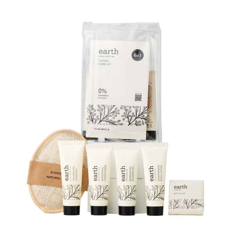 Kimirica Earth Travel Kit | 6-in-1 Bath Essentials with Loofah in Pouch | Self-Care Set