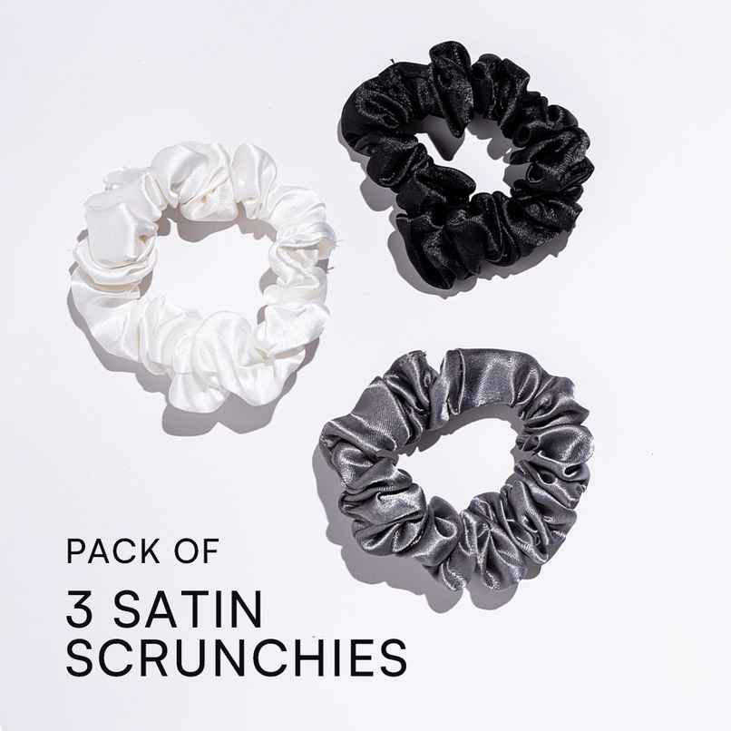 Gush Beauty Premium Hair Satin Rubber Band/Scrunchie | Set of 3 | Black, White & Gray