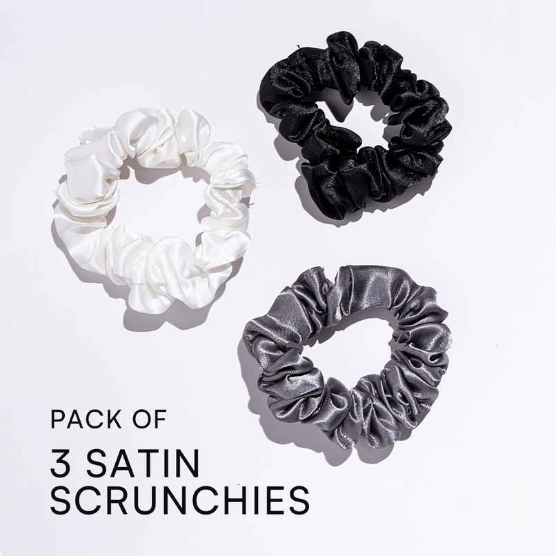 Gush Beauty Premium Hair Satin Rubber Band/Scrunchie | Set of 3 | Black, White & Gray Gush Beauty Premium Hair Satin Rubber Band/Scrunchie | Set of 3 | Black, White & Gray