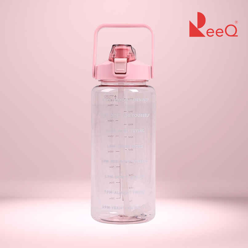 ReeQ PET Motivational Water Bottle with Straw & Time Marker | BPA Free, Leak-Proof | Pink - 2 L