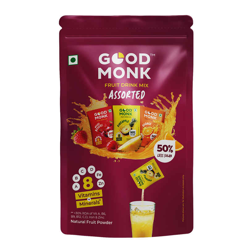 Good Monk Fruit Drink Mix | Orange, Berries & Pineapple | 50% Less Sugar | 8 Vitamins | 3 Sachets Good Monk Fruit Drink Mix | Orange, Berries & Pineapple | 50% Less Sugar | 8 Vitamins | 3 Sachets