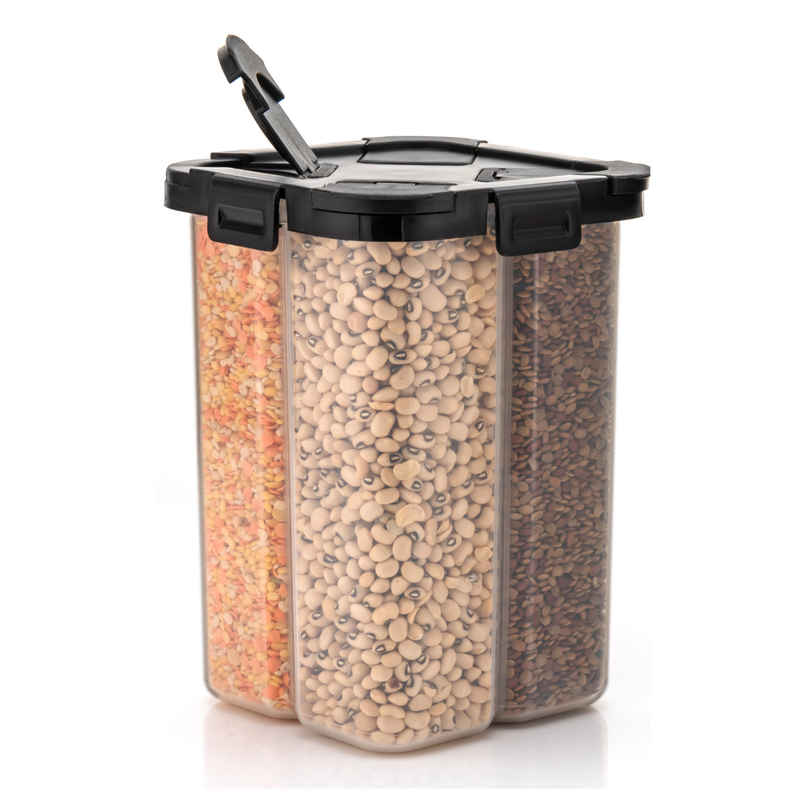 ReeQ 4 Section Airtight Dry Food Storage Container | Black Lid - 2 L