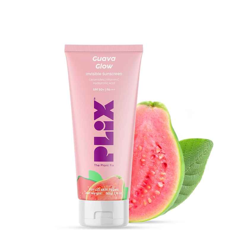 Plix Guava Glow Sunscreen SPF 50+ with UVA, UVB & Blue Light Protection enriched with Ceramides & Hyaluronic Acid Plix Guava Glow Sunscreen SPF 50+ with UVA, UVB & Blue Light Protection enriched with Ceramides & Hyaluronic Acid