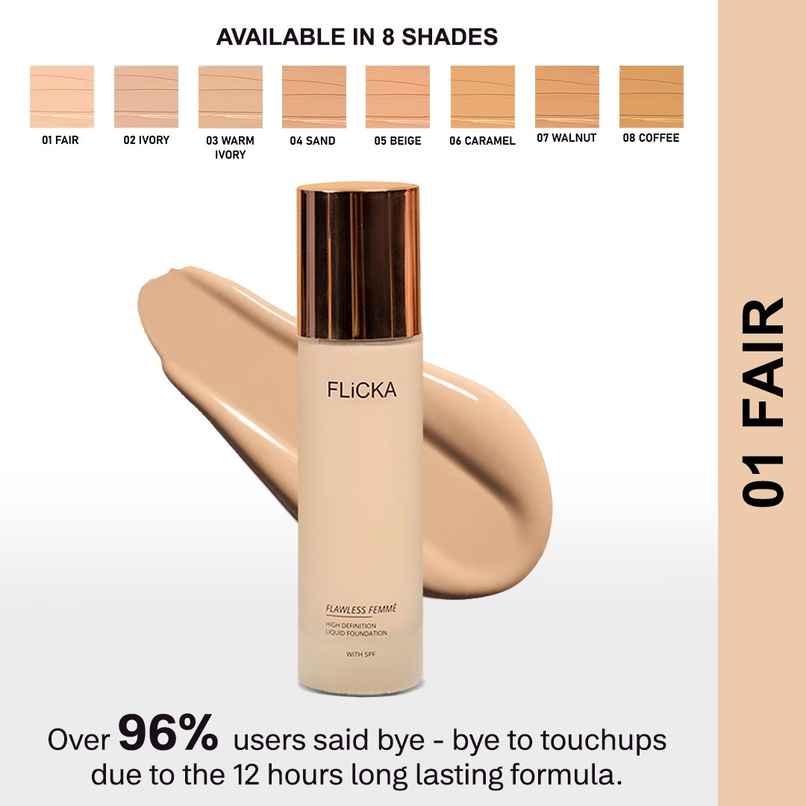 Flicka Flawless Femme HD Liquid Foundation for Face Makeup | 01 Fair Flicka Flawless Femme HD Liquid Foundation for Face Makeup | 01 Fair