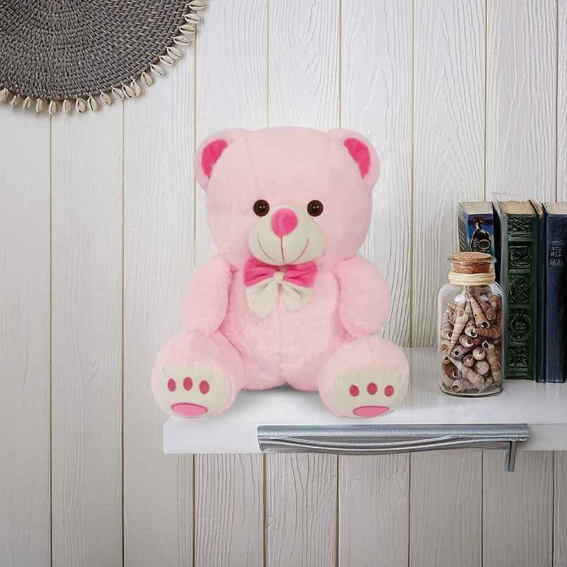 Webby Plush Cute Sitting Teddy Bear Soft Toys with Neck Bow and Foot Print, Pink 35 cm