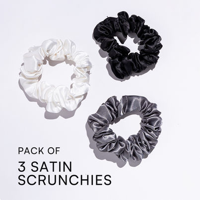 Gush Beauty Premium Hair Satin Rubber Band/Scrunchie | Set of 3 | Black, White & Gray