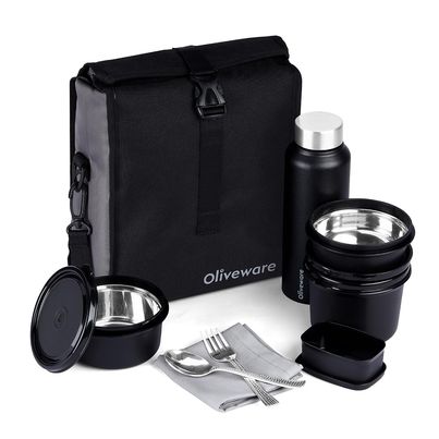 Oliveware Teso Pro Lunch Box Steel 290 Ml 450 Ml & 600 Ml Pickle Box 130 Ml Bottle 750 Ml Black