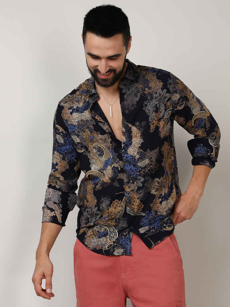 Campus Sutra Men's Paisley Flora Shirt | Royal Blue & Midnight Black - XL