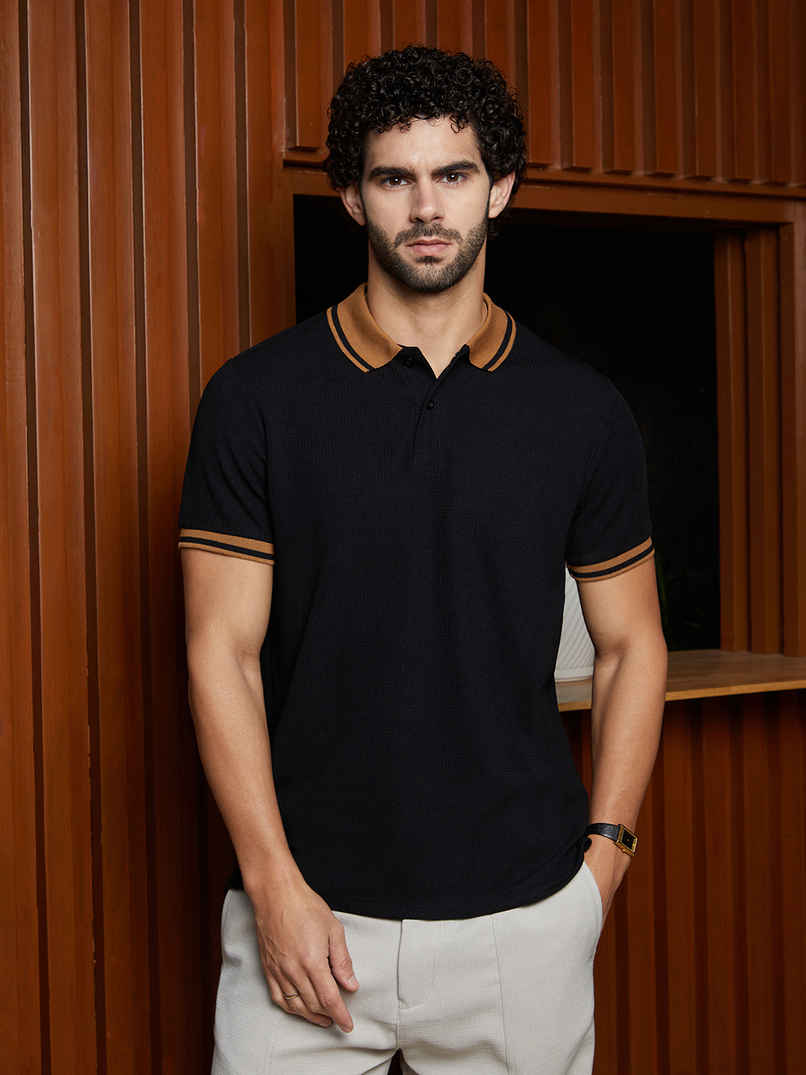 Campus Sutra Men's Cuboid-Stripe Polo T-Shirt | Onyx Black - M Campus Sutra Men's Cuboid-Stripe Polo T-Shirt | Onyx Black - M