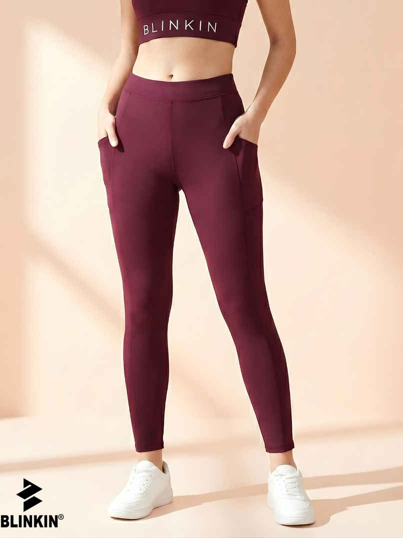Blinkin Women's Gym Pants & Tights - Maroon | Workout | With Side Pockets | S Blinkin Women's Gym Pants & Tights - Maroon | Workout | With Side Pockets | S