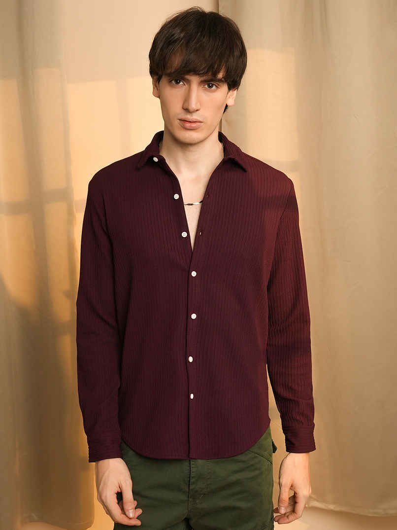 Campus Sutra Men's Stripe-Creased Shirt | Maroon Red - M