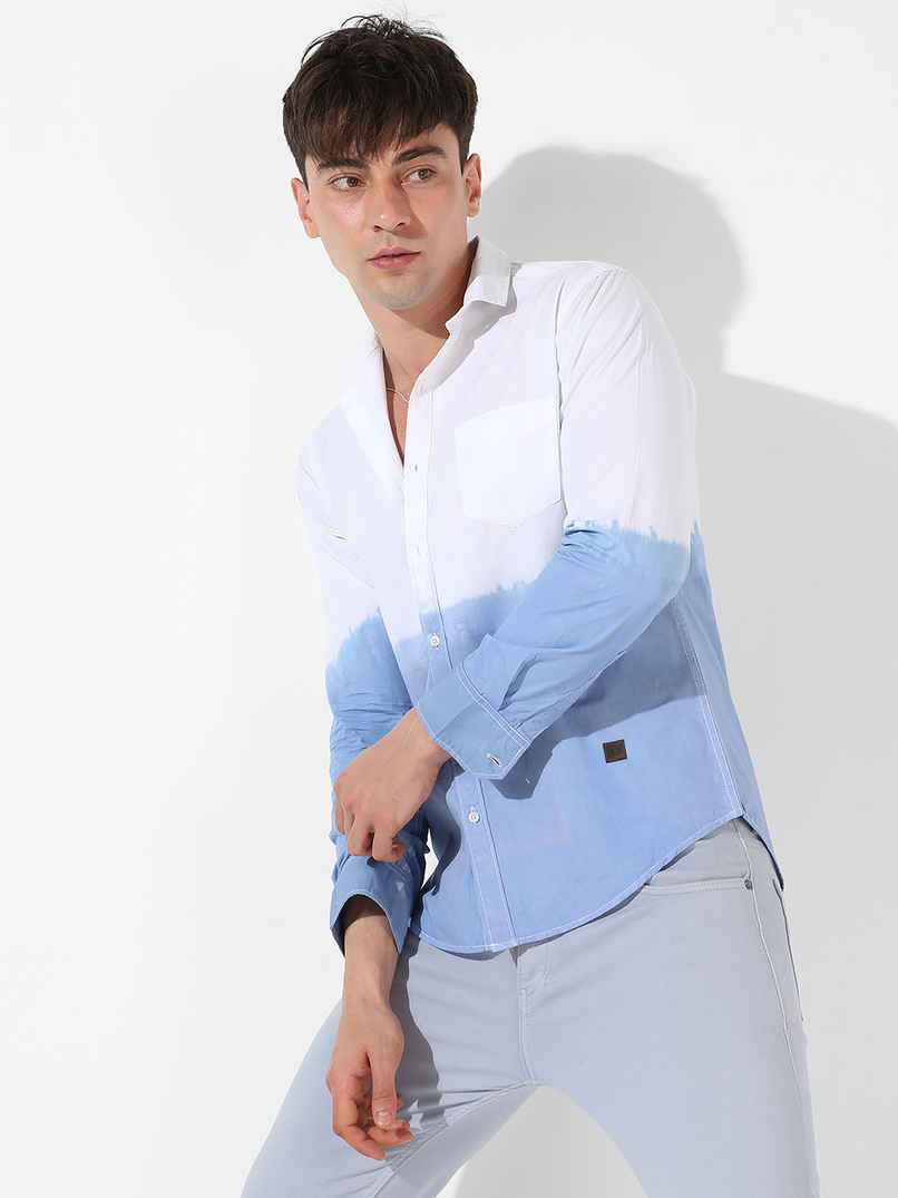 Campus Sutra Men's Contrast Ombre Shirt | White & Blue - S