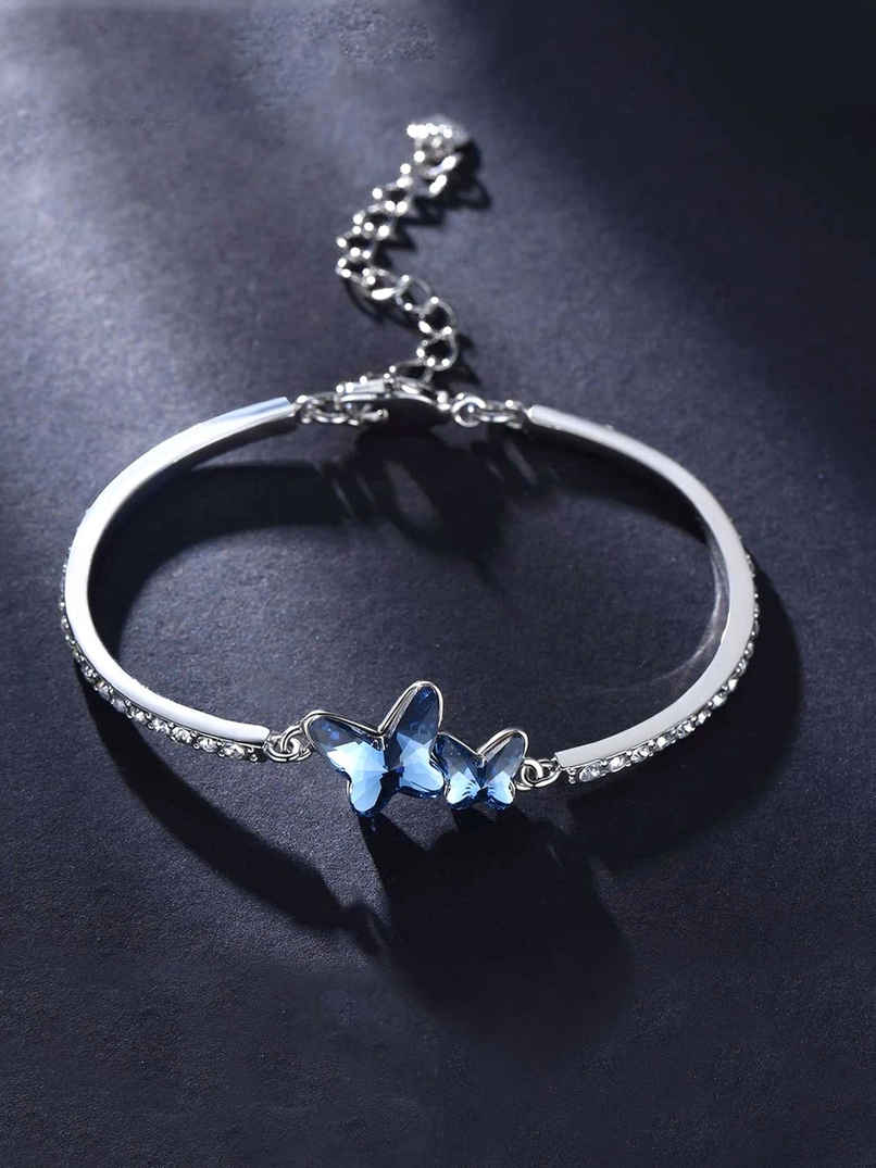 Yellow Chimes Women Silver-Toned & Blue Crystals Rhodium-Plated Link Bracelet