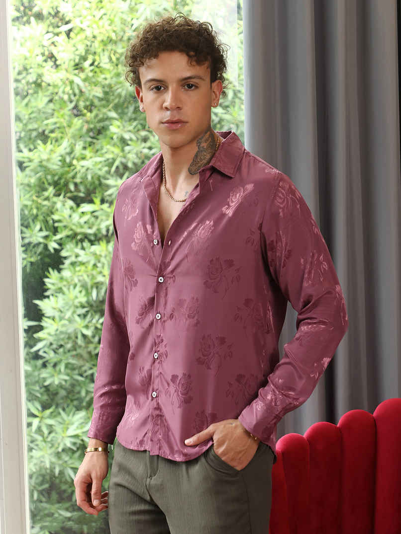Campus Sutra Men's Self-Design Floral Shirt | Rouge Pink - L