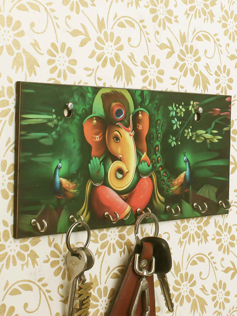 eCraftIndia Lord Ganesha With Peacock Designer Wooden Key Holder With 7 Hooks For Wall eCraftIndia Lord Ganesha With Peacock Designer Wooden Key Holder With 7 Hooks For Wall