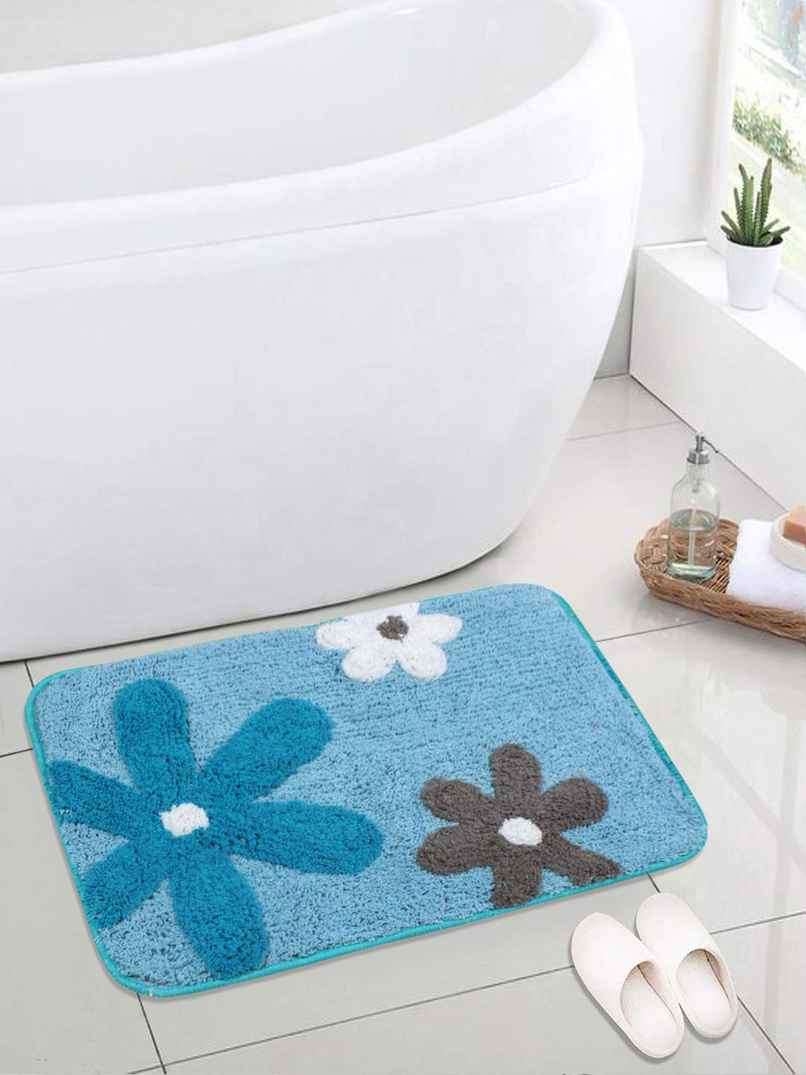 Saral Home Cotton Flower Print Anti-Slip Bathmat | Blue - 40 x 60 cm