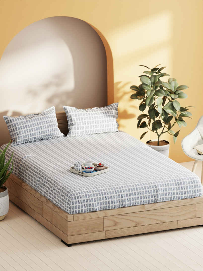 Bianca Soft 100% Natural Cotton Double Bedsheet With 2 Pillow Covers | Laquasa Floral |Indigo &Ecru