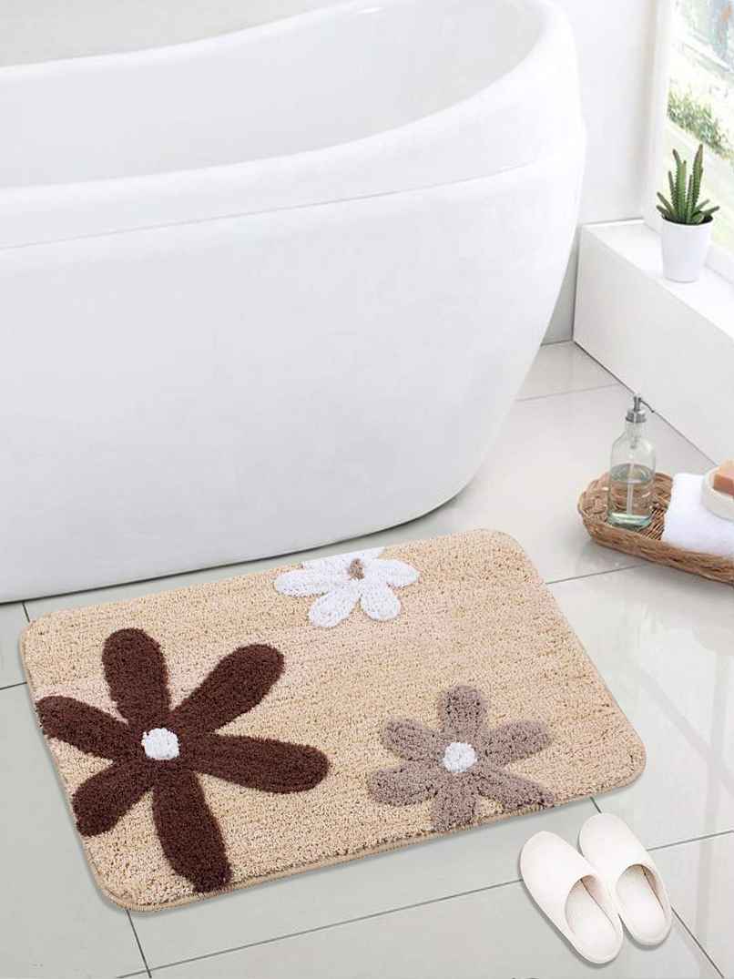 Saral Home Cotton Flower Print Anti-Slip Bathmat | Beige - 40 x 60 cm