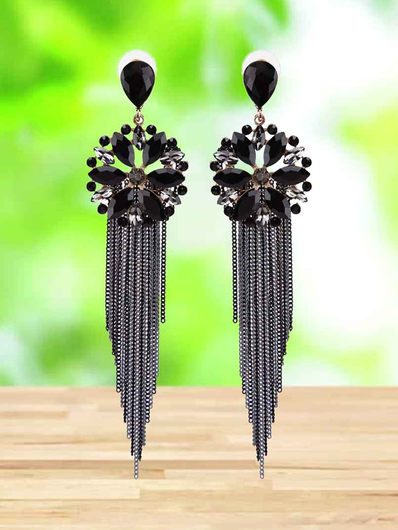 Youbella Crystal Tassel Handmade Earrings For Girls And Women (Black)(Ybear - 32836)