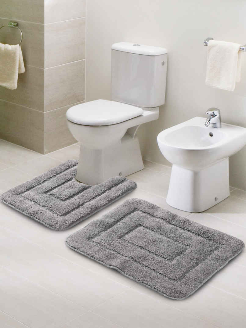 Saral Home Cotton Anti-Slip Bathmat & Contour Set | Grey - 45 x 60 cm & 45 x 50 cm