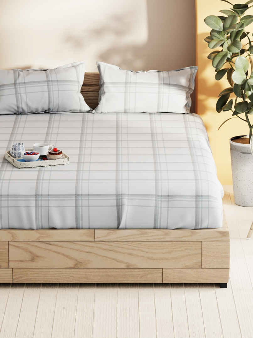 Bianca Soft 100% Natural Cotton Double Bedsheet With 2 Pillow Covers | Laquasa Checks | Stone