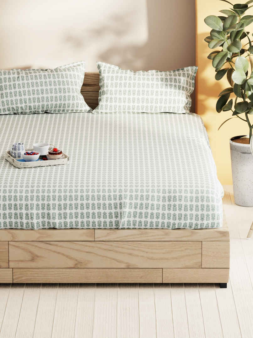 Bianca Soft 100% Natural Cotton Double Bedsheet With 2 Pillow Covers | Laquasa Floral | Green &Ecru