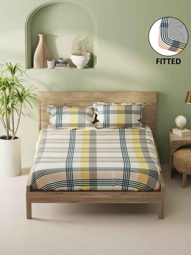 Bianca 100% Natural Cotton XL King Fitted Bedsheet 3pc Set with 2 Pillow Covers Stripe Yellow/Teal