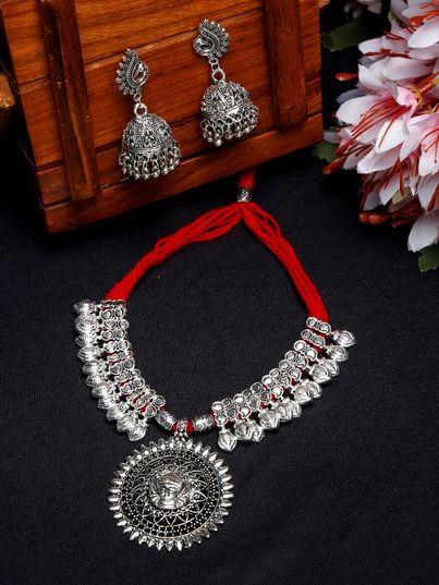 Youbella Stylish Latest Traditional Jewellery Silver Plated Jewellery Set For Women(Red)(Ybnk - 5498)