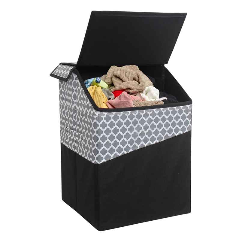 PrettyKrafts 75 L Laundry Basket with Lid | Foldable Cloth Storage & Organizer Box - Grey Black