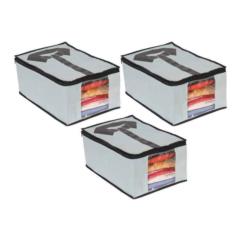 Prettykrafts Shirt Cover, Foldable & Durable Wardrobe Organizer, Pack Of 3 - Grey Black