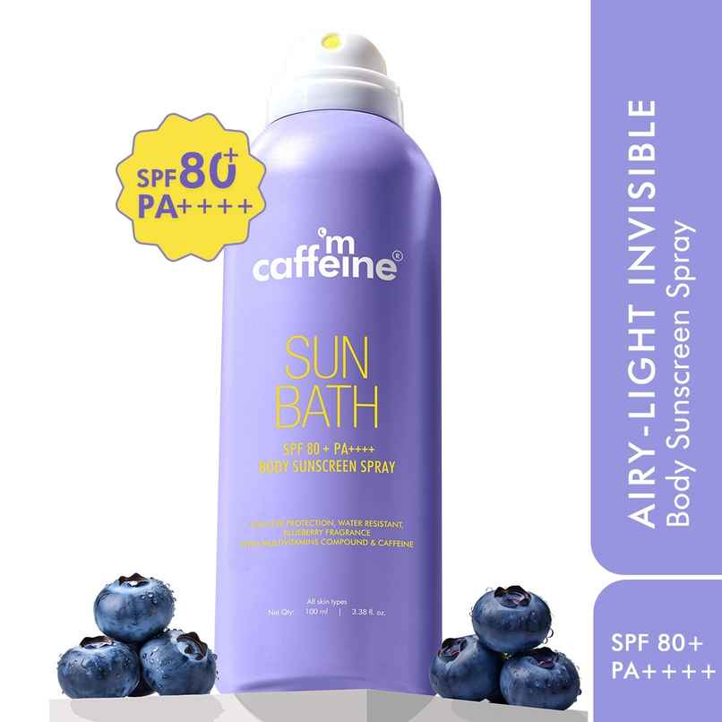 mCaffeine Sun Bath SPF 80+ Pa ++++ Body Sunscreen Spray | Blueberry | Sweat Resistant mCaffeine Sun Bath SPF 80+ Pa ++++ Body Sunscreen Spray | Blueberry | Sweat Resistant