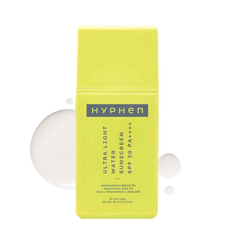 Hyphen Ultra Light Water Sunscreen SPF 50 Pa ++++ UVA-UVB & Blue Light Protection, No White Cast Hyphen Ultra Light Water Sunscreen SPF 50 Pa ++++ UVA-UVB & Blue Light Protection, No White Cast