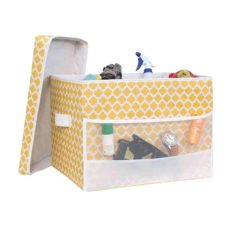 PrettyKrafts Yellow Cube Storage Box with Net Pockets - Foldable Organizer for Toys & Clothes