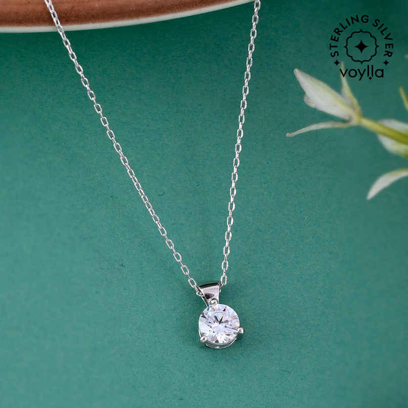 Voylla 925 Sterling Silver Cz Single Stone Pendant With Chain