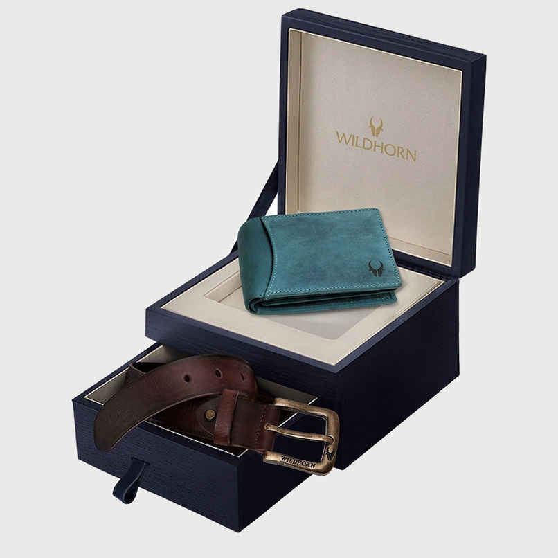 Wildhorn Men's Solid Genuine Leather Wallet and Belt Combo | Blue - Free Size