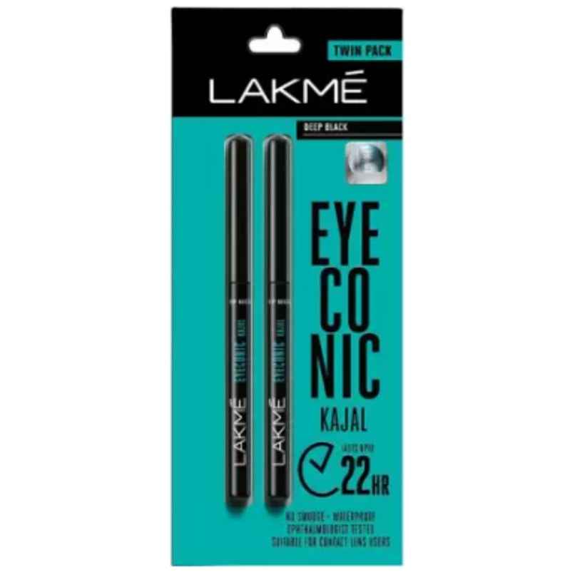 Lakme 9 to 5 Eyeconic Kajal Twin Pack, lasts upto 24hrs, Pack of 2- Deep Black
