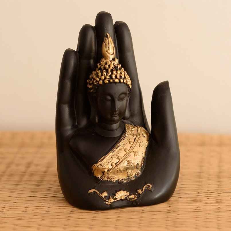 Elegant Black and Golden Resin Handcrafted Palm Buddha Statue | Ecraftindia Elegant Black and Golden Resin Handcrafted Palm Buddha Statue | Ecraftindia