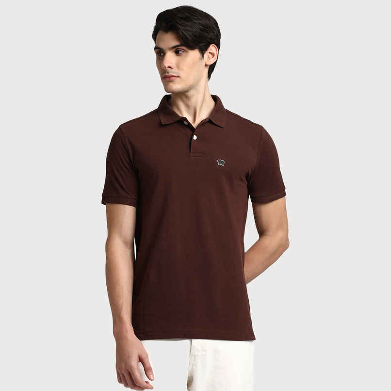 The Bear House Men Slim Fit Solid Polo T-shirt - Coca | Brown | M