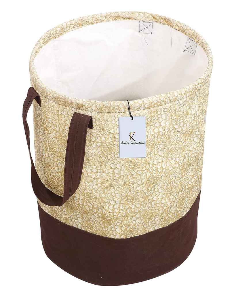 Kuber Industries Canvas 45 Liter Metalic Printed Waterproof Laundry Bag/Hamper With Handles|Brown Kuber Industries Canvas 45 Liter Metalic Printed Waterproof Laundry Bag/Hamper With Handles|Brown