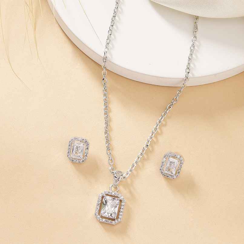 Zeneme Rhodium Plated AD Studded Luxe Sparkle Princess Cut Necklace and Earrings For Women & Girls