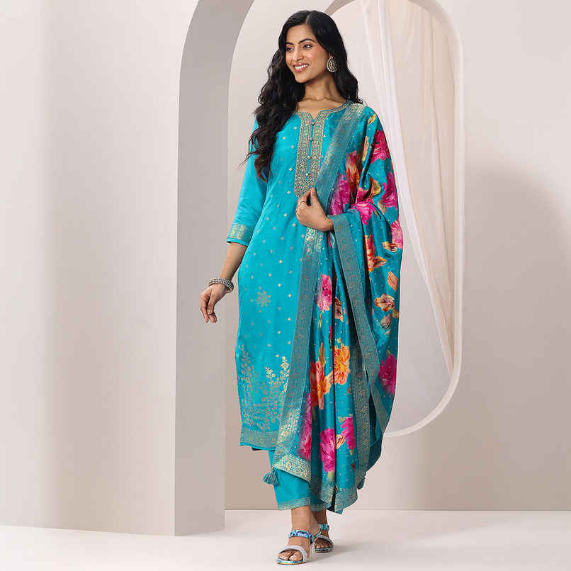 Libas Rama Woven Design Silk Blend Straight Suit Set With Dupatta | 99077OR | Blue - S