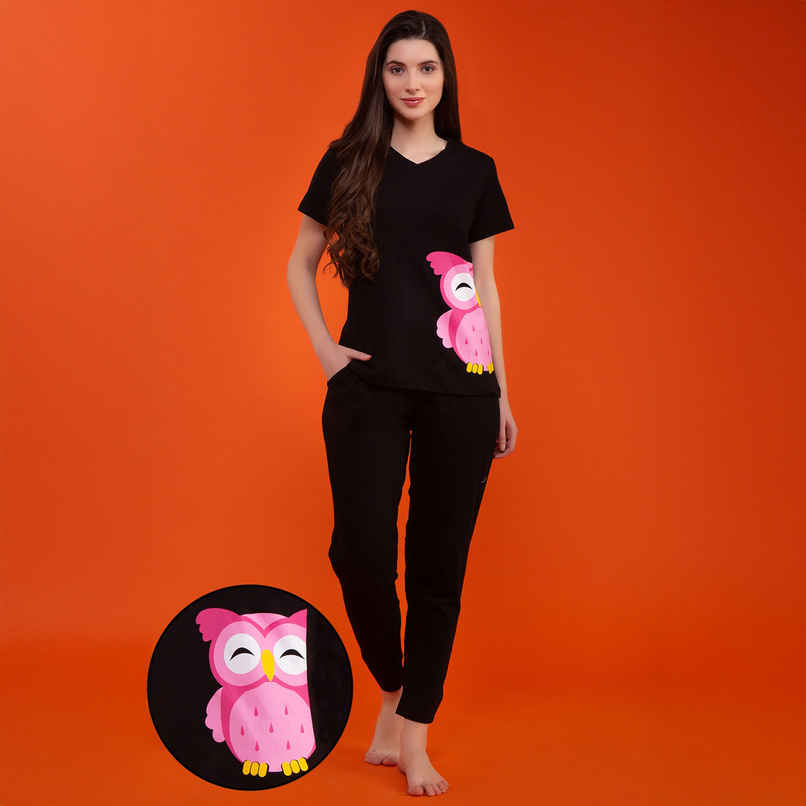 Clovia Owl Print Top & Pyjama - 100% Cotton | Black | S Clovia Owl Print Top & Pyjama - 100% Cotton | Black | S