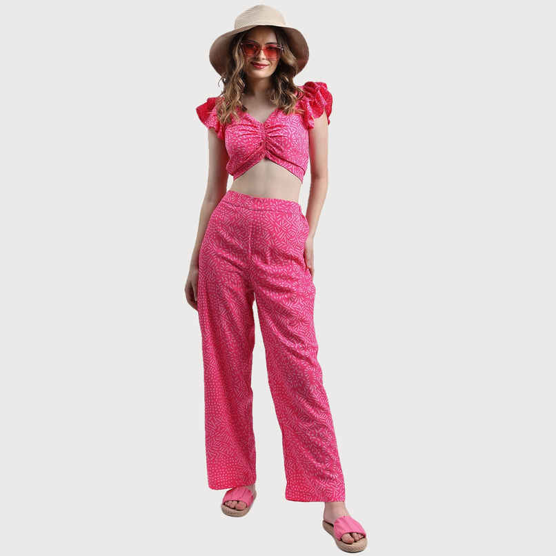 Ketch Women Geometric Printed Crop-Top and Trousers Co-ords | Pink | L Ketch Women Geometric Printed Crop-Top and Trousers Co-ords | Pink | L