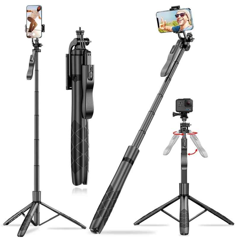 Kratos 61" Long Selfie Stick with Tripod| Aluminium| Handle for video Shooting| 6 Section design