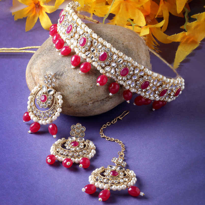 Sukkhi Ravishing Gold Plated Red Kundan & Beads Studded Choker Necklace Set