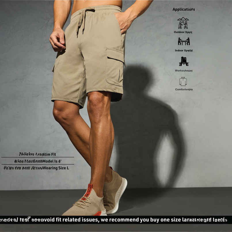 Technosport Men Poly Solid Slim Fit Sports Shorts with TS FLEXI | Khaki | M