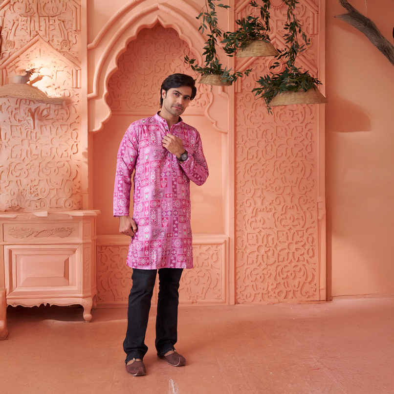 House Of Festivals Men's Printed Cotton Blend Long Kurta | Purple - M
