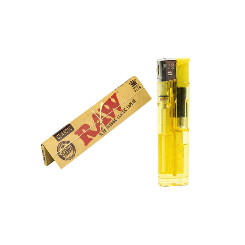 Raw Classic Rolling Paper King Size Slim - 32 Leaves/Pack (1pc) & Flik Pocket Lighter With Adjustable Flame | Assorted (1pc) Combo