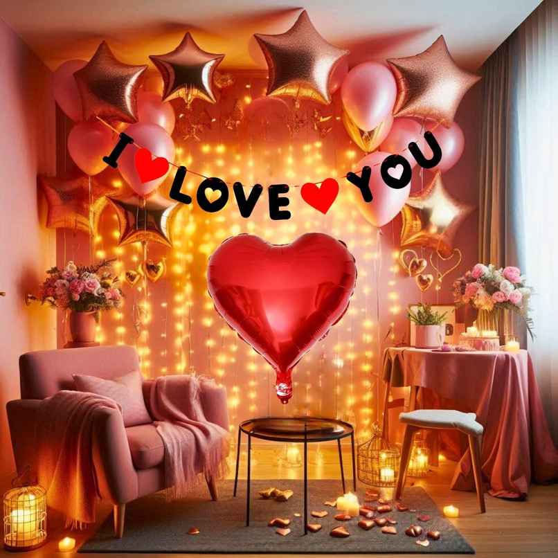Romantic Decoration Kit | I Love You Banner Balloons, Foil Heart LED Light | Hemito
