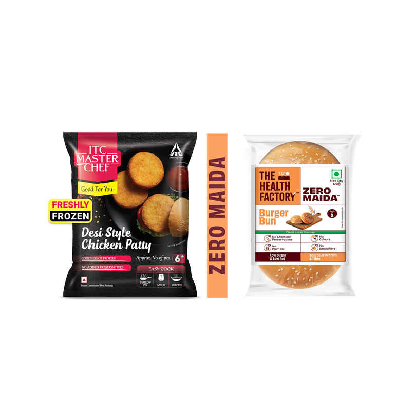 Itc Master Chef Veg Burger Patty | Loaded With Veggies | Crispy & Delicious | 8 Pieces (430g) & The Health Factory Zero Maida Burger Bun | Clean Label - Not Brown (120g) Combo